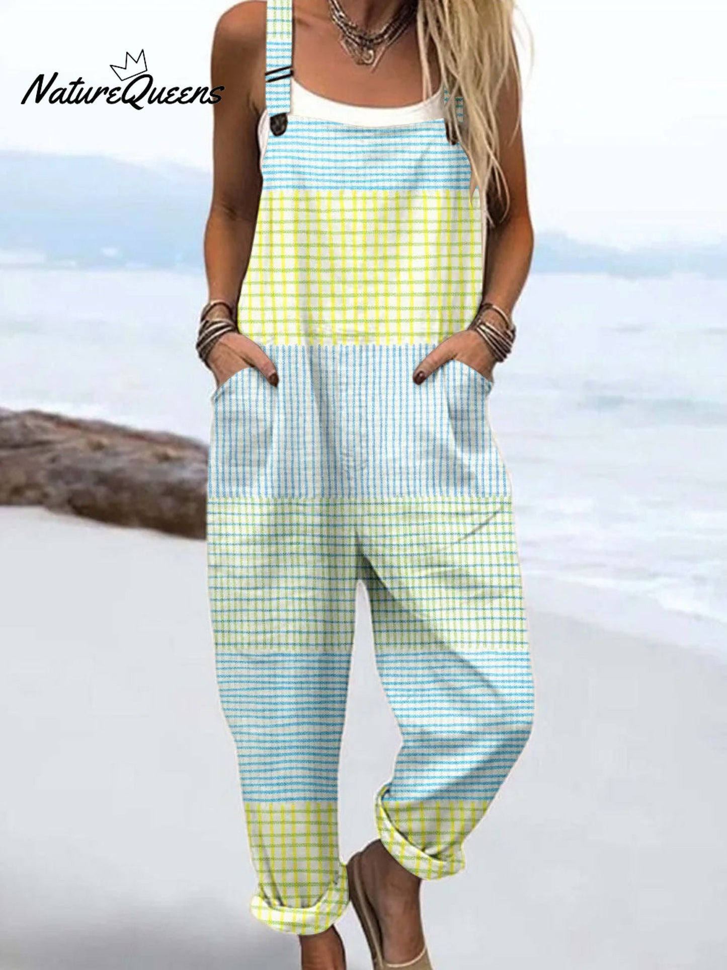 Women's Vintage Abstract Geometric Lines Art Print Casual 100% Cotton Wide Leg Jumpsuit