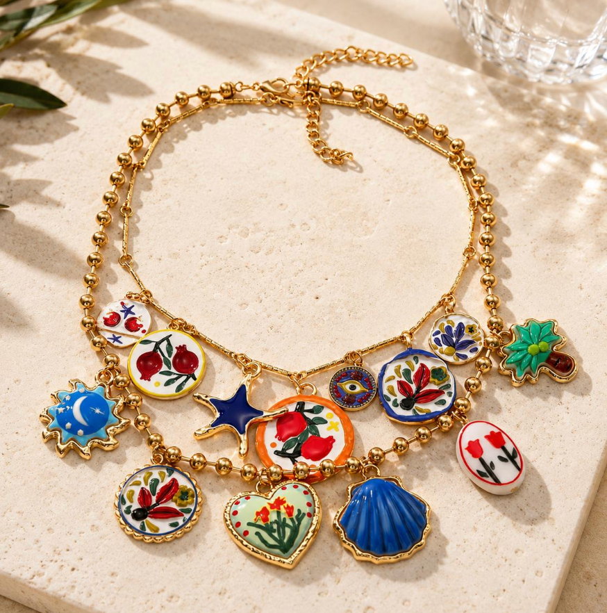 Colorful Enamel Charm Layered Necklace Set | Mediterranean Boho Gold Pendants
