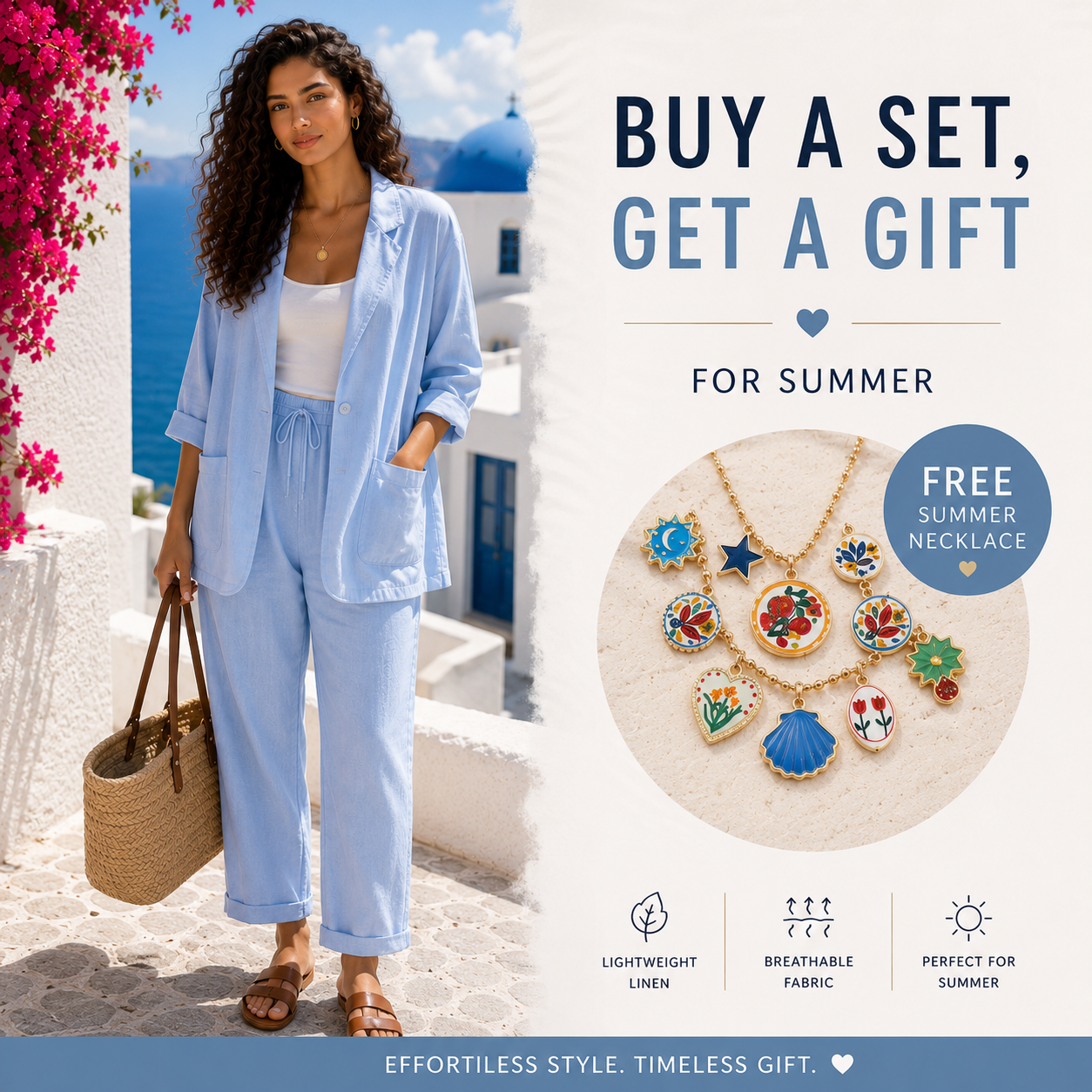 Santorini Linen Set + Free Summer Necklace
