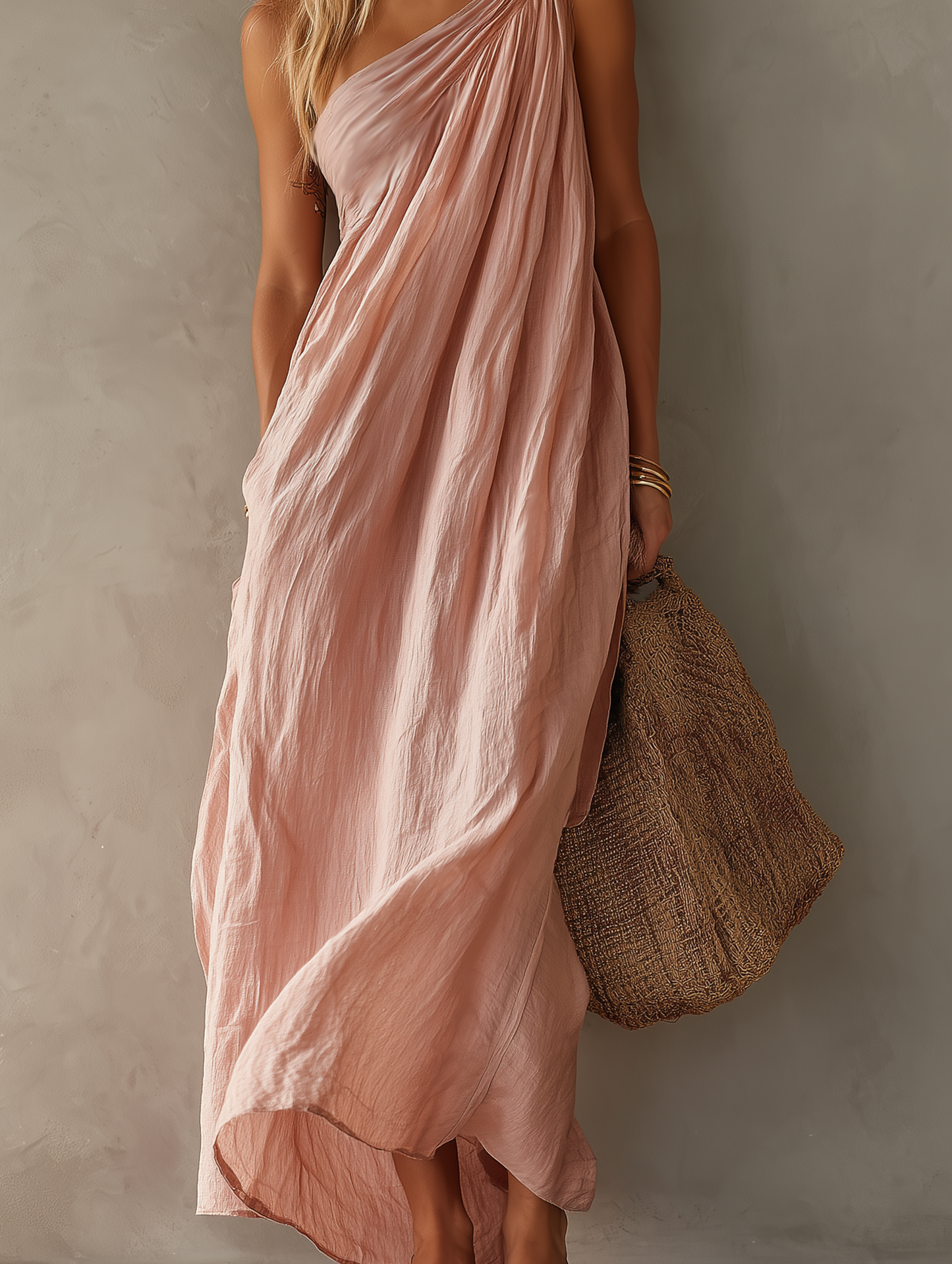 Women's Elegant Pink Cotton-Linen One-Shoulder Sleeveless Maxi Dress