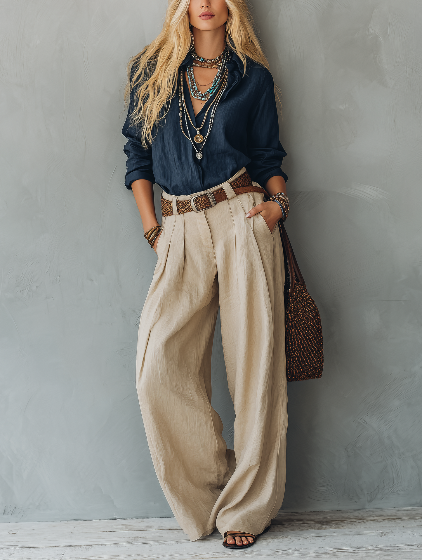 Women's Casual Navy Blue Cotton-Linen Long-Sleeve Pullover Shirt Paired With Khaki Cotton-Linen Trousers (Belt Not Included)