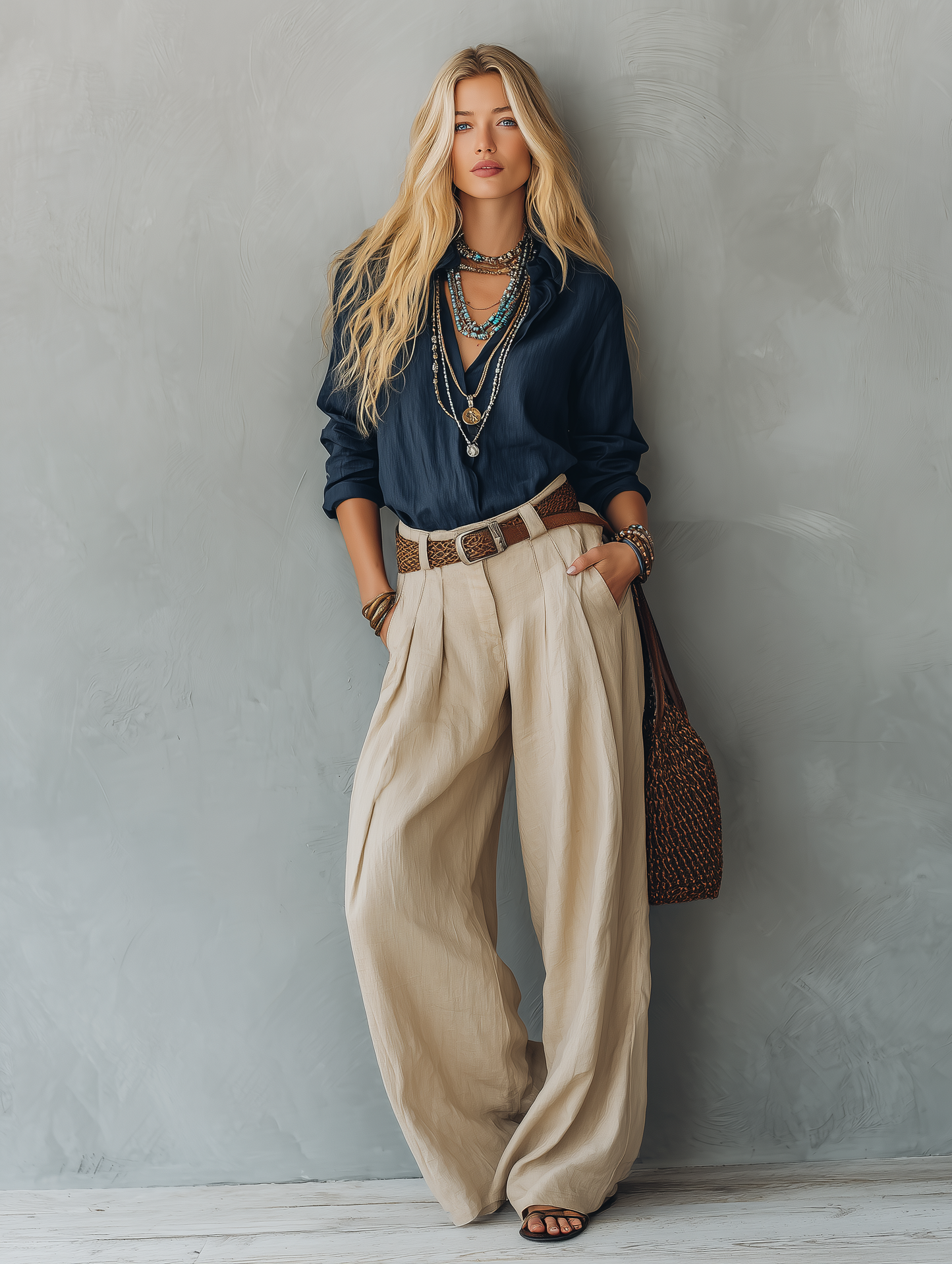 Women's Casual Navy Blue Cotton-Linen Long-Sleeve Pullover Shirt Paired With Khaki Cotton-Linen Trousers (Belt Not Included)