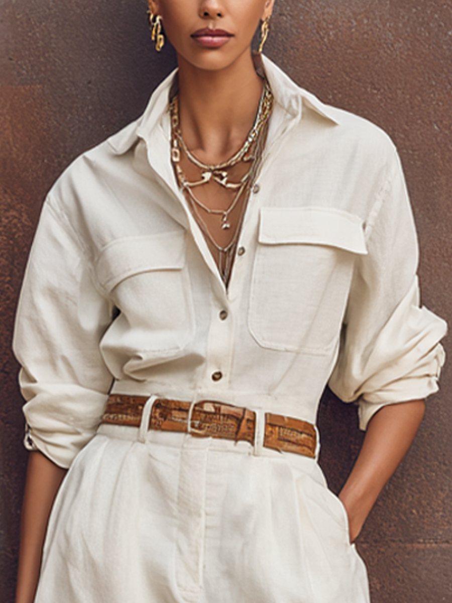 Women's White Cotton And Linen Single-Breasted Button-Down Long-Sleeved Short Jumpsuit With A Lapel Collar（Belt Not Included）