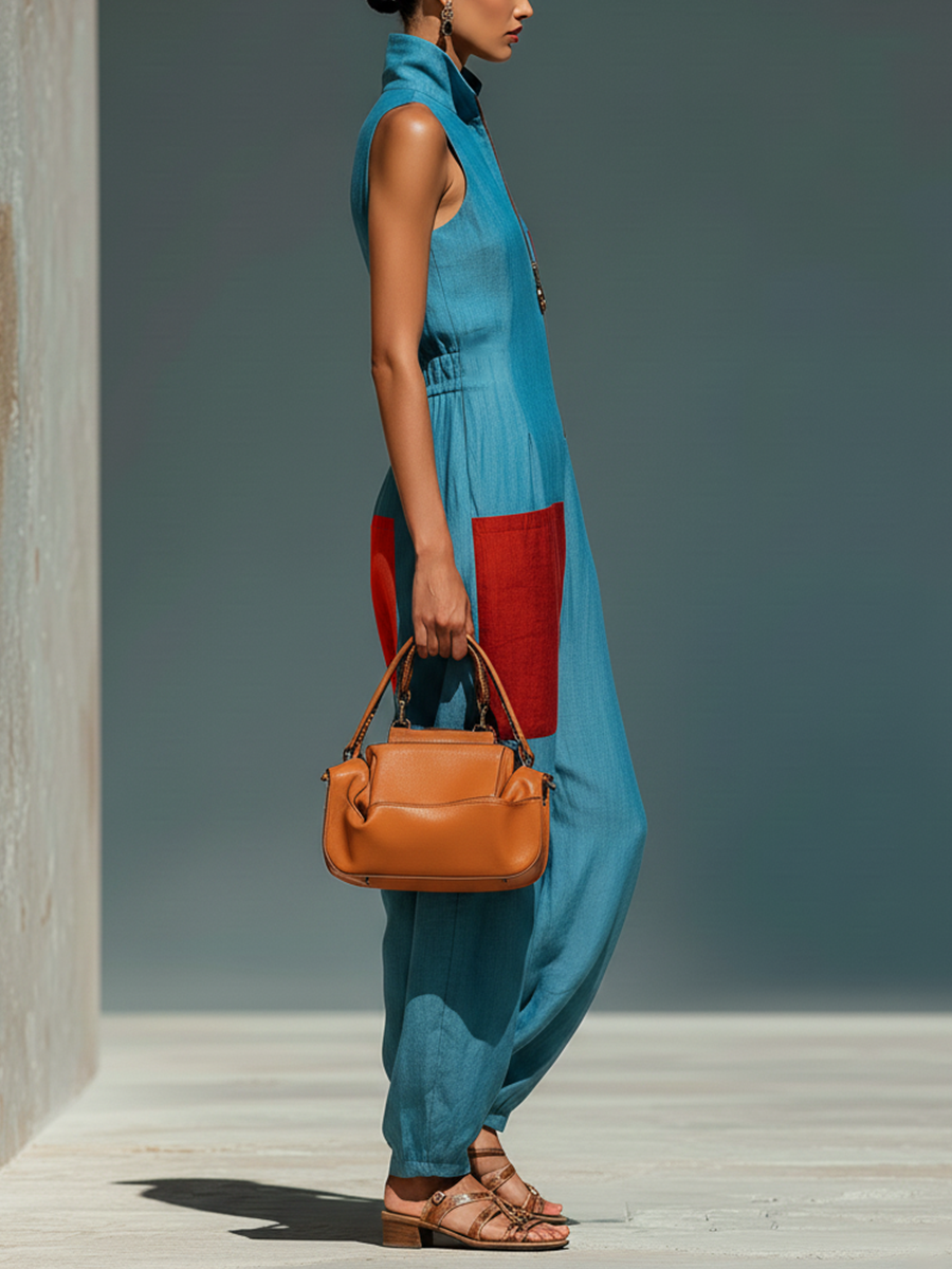 Women’s Blue Linen-Blend Sleeveless Jumpsuit With Red Patch Pockets & Half-Zip Stand Collar