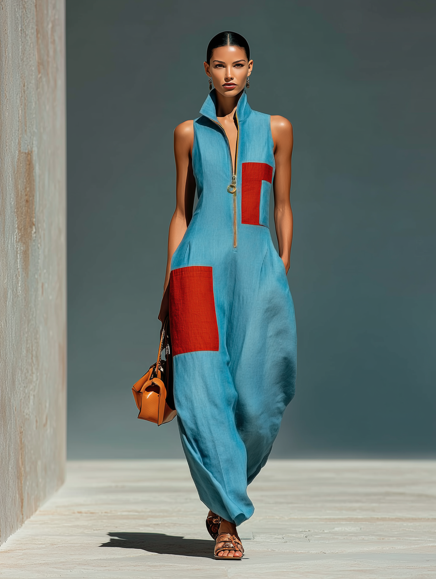 Women’s Blue Linen-Blend Sleeveless Jumpsuit With Red Patch Pockets & Half-Zip Stand Collar
