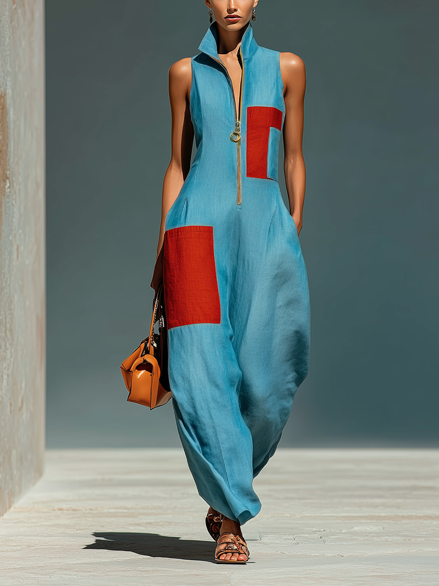 Women’s Blue Linen-Blend Sleeveless Jumpsuit With Red Patch Pockets & Half-Zip Stand Collar