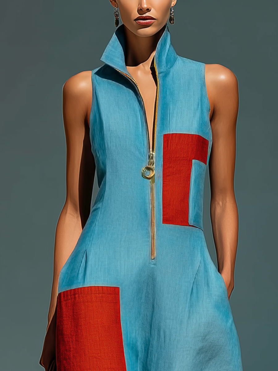 Women’s Blue Linen-Blend Sleeveless Jumpsuit With Red Patch Pockets & Half-Zip Stand Collar