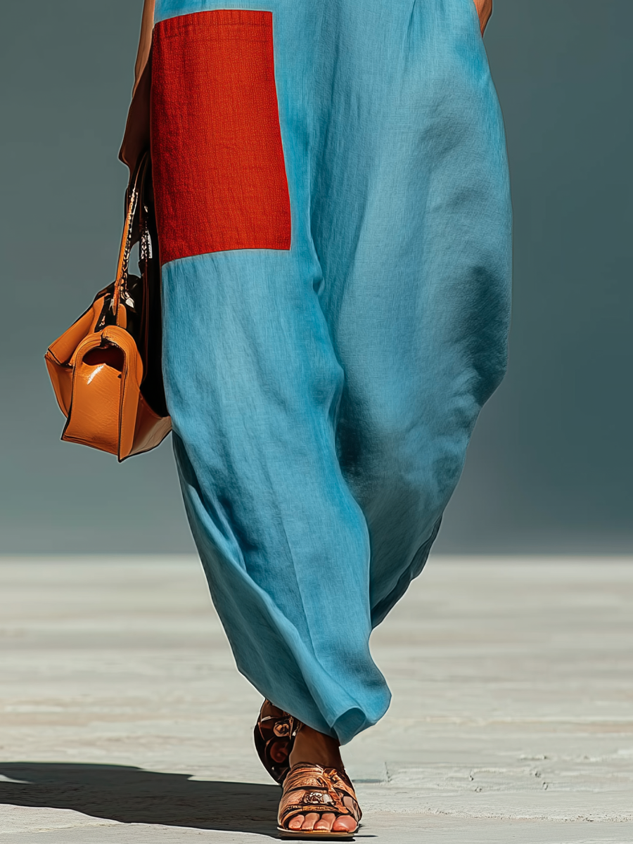 Women’s Blue Linen-Blend Sleeveless Jumpsuit With Red Patch Pockets & Half-Zip Stand Collar