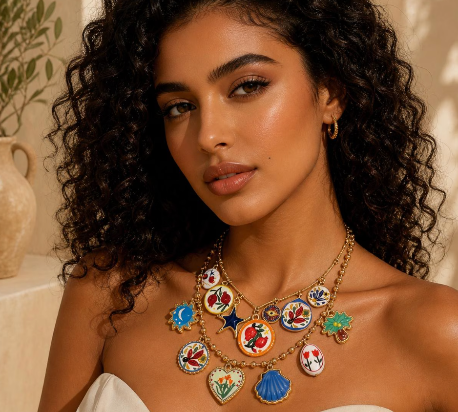 🎁 Colorful Enamel Charm Layered Necklace Set | Mediterranean Boho Gold Pendants (100% off)