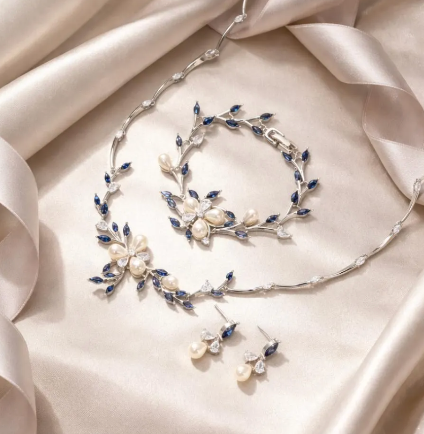 Blue Crystal Pearl Floral Necklace Set – Silver Bridal Earrings Elegant Wedding