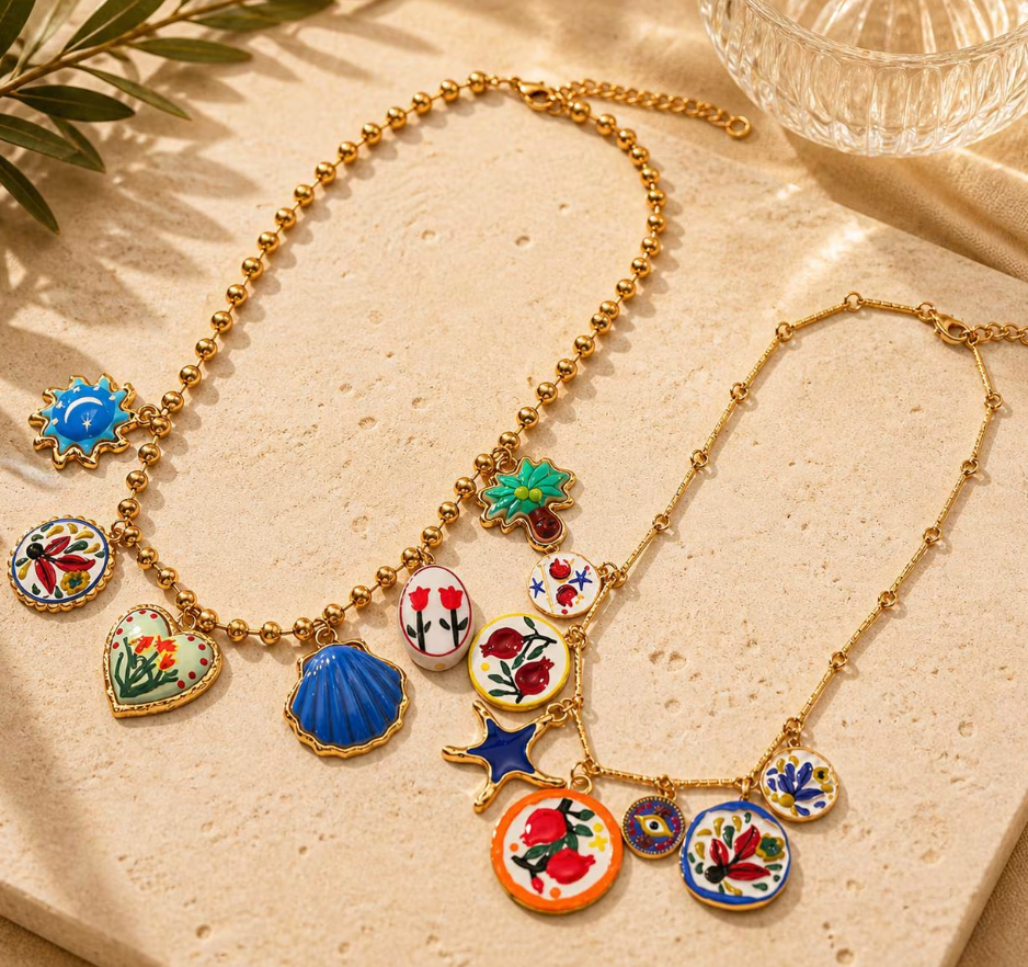 Colorful Enamel Charm Layered Necklace Set | Mediterranean Boho Gold Pendants
