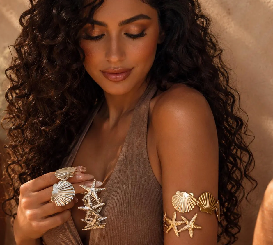 Silver Seashell & Starfish Arm Cuff Bracelet, Coastal Beach Jewelry,