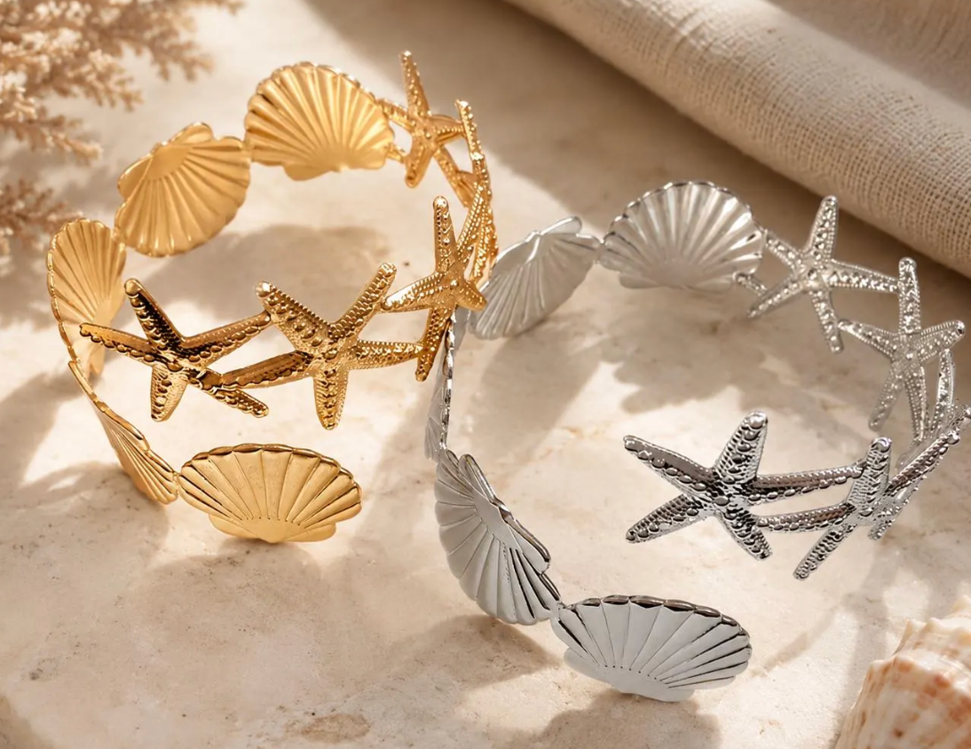 Silver Seashell & Starfish Arm Cuff Bracelet, Coastal Beach Jewelry,