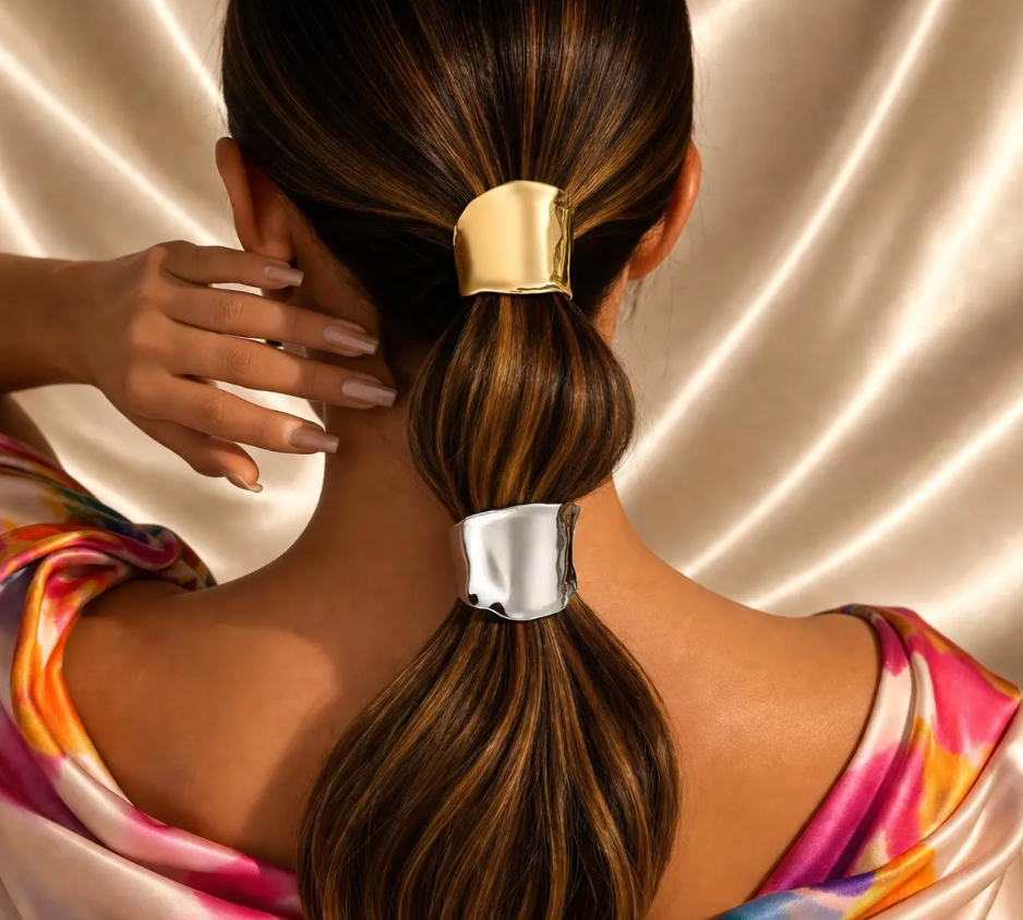 Sculptural Metal Hair Cuff Set – Gold Silver Ponytail Holder, Modern Statement Accessory