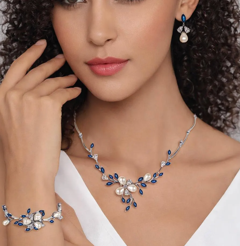 Blue Crystal Pearl Floral Necklace Set – Silver Bridal Earrings Elegant Wedding