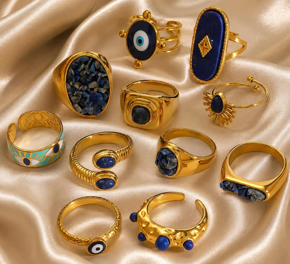 Boho Gold Lapis Lazuli Ring Set | Evil Eye Adjustable Statement Jewelry
