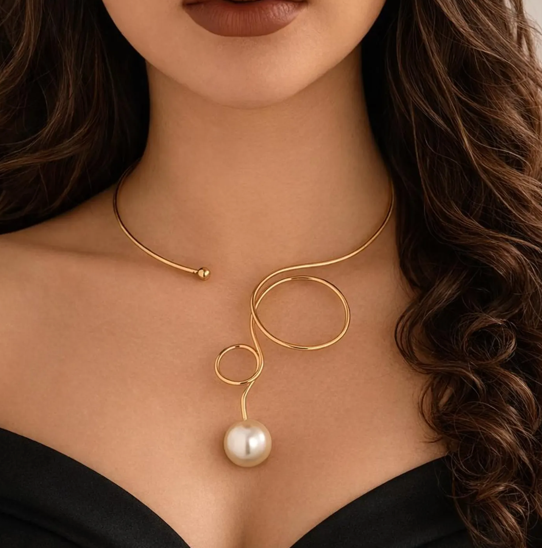 Gold Open Choker Necklace with Pearl | Handmade Abstract Wire Collar