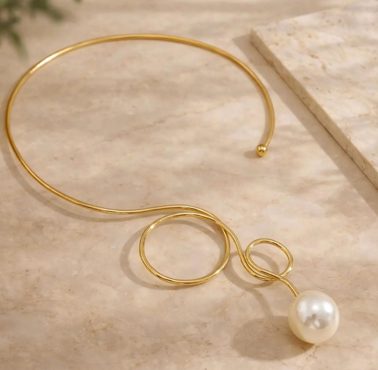 Gold Open Choker Necklace with Pearl | Handmade Abstract Wire Collar