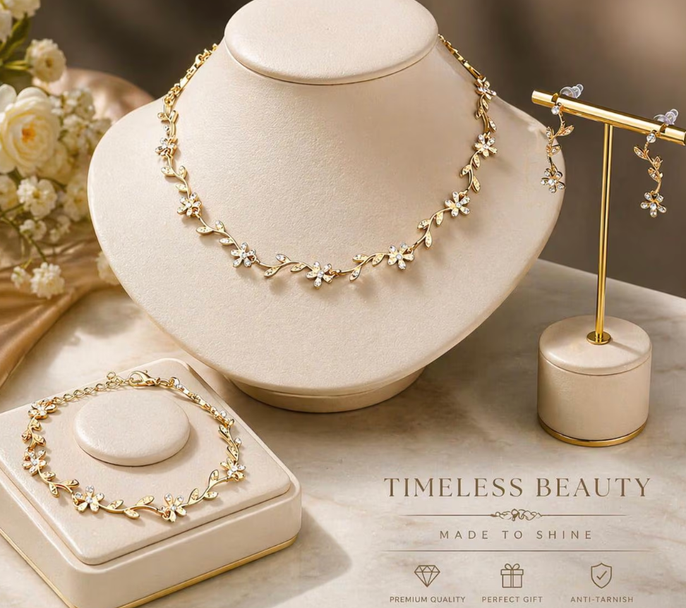 Floral Jewelry Set – Gold-Tone Necklace, Bracelet, Earrings, Crystal Accents