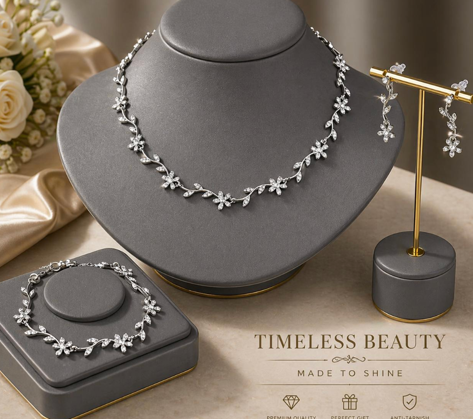 Floral Jewelry Set – Gold-Tone Necklace, Bracelet, Earrings, Crystal Accents