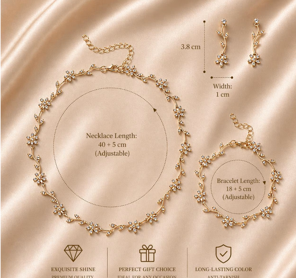 Floral Jewelry Set – Gold-Tone Necklace, Bracelet, Earrings, Crystal Accents