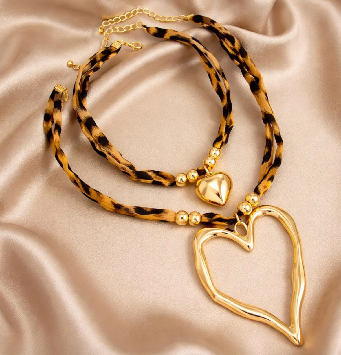 Gold-Tone Heart Layered Necklace – Leopard Print Cord, Boho Chic Statement Jewelry