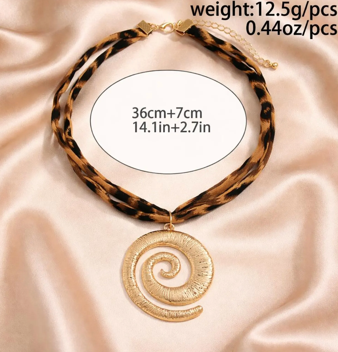 Gold-Tone Spiral Pendant Leopard Print Choker – Boho Statement Necklace