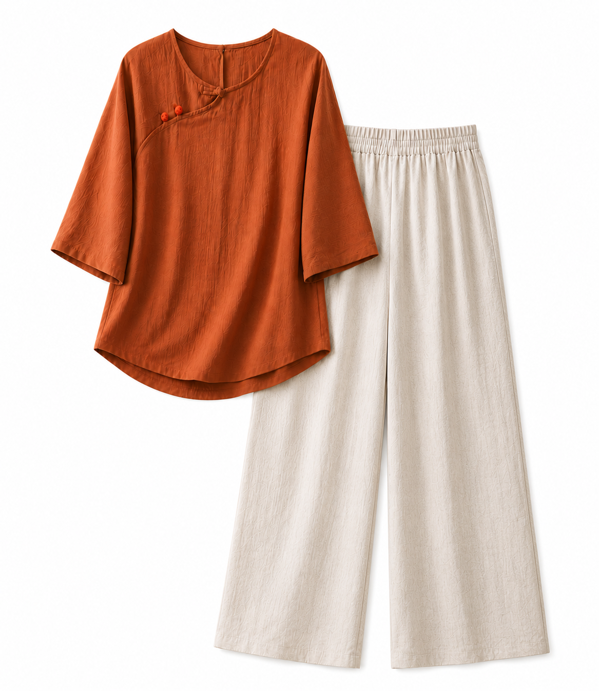 Women's Linen Blend Two-Piece Set – Loose Fit Top & Wide-Leg Pants