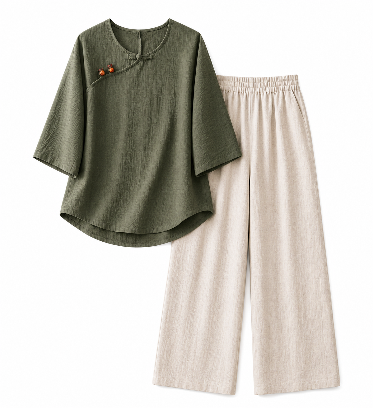 Women's Linen Blend Two-Piece Set – Loose Fit Top & Wide-Leg Pants