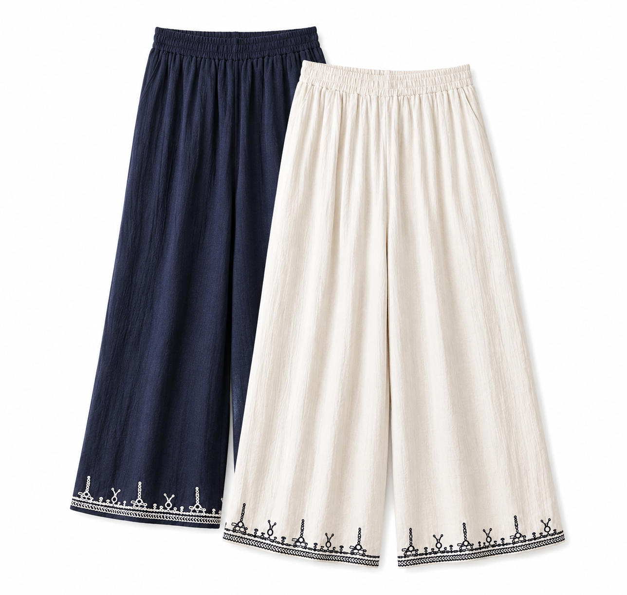 Women's Wide-Leg Palazzo Pants with Embroidered Hem – Elastic Waist
