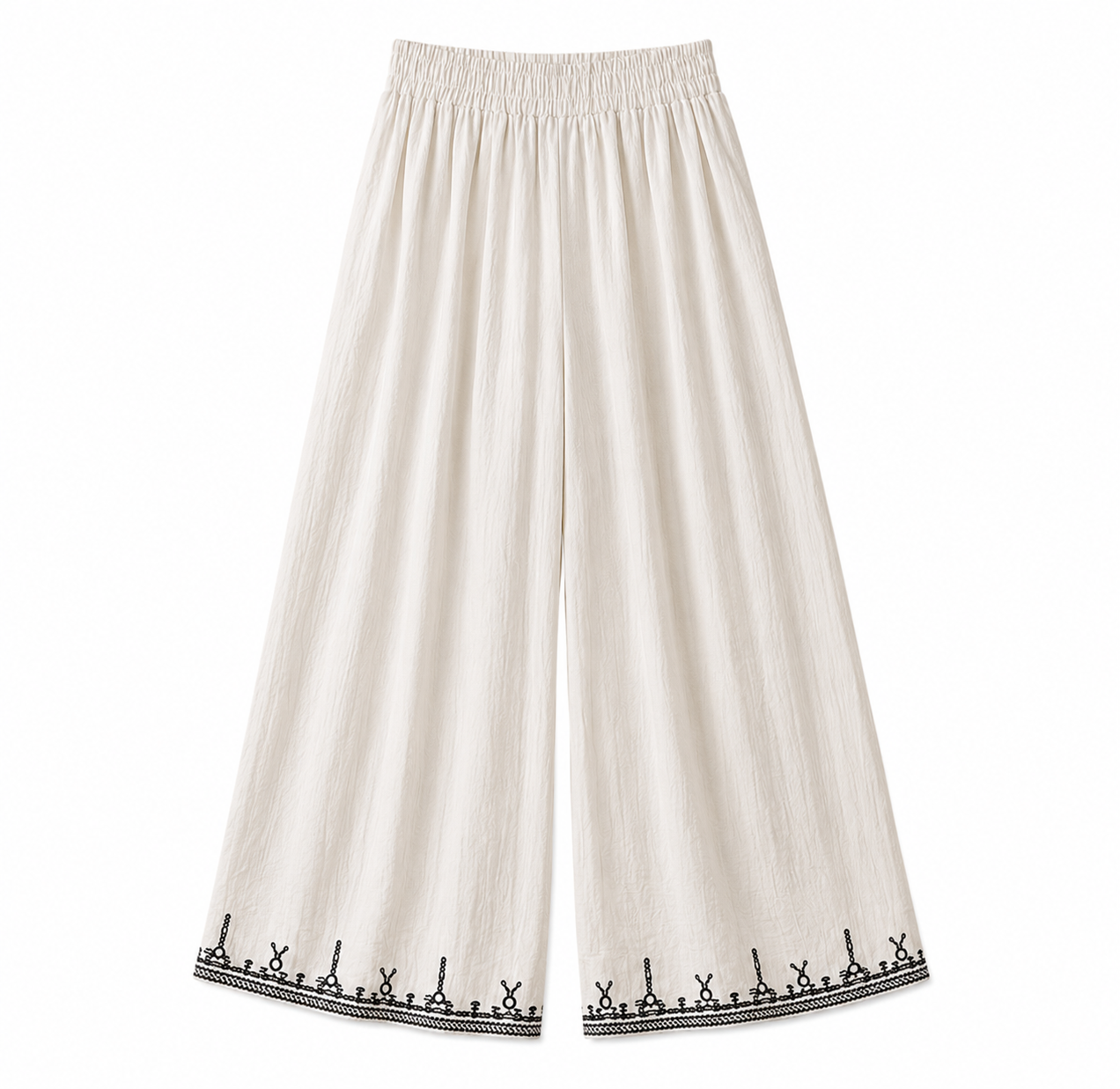 Women's Wide-Leg Palazzo Pants with Embroidered Hem – Elastic Waist