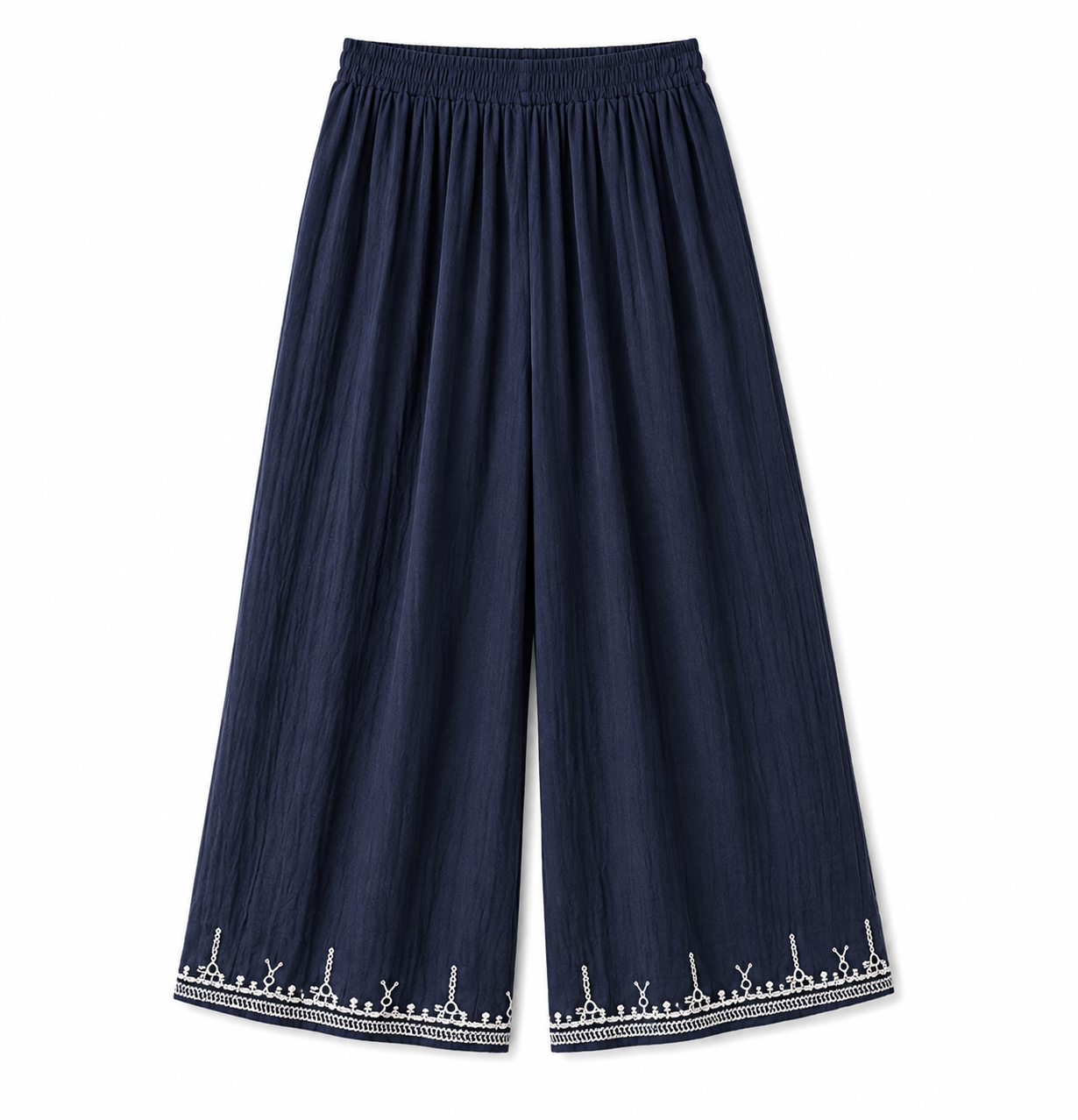 Women's Wide-Leg Palazzo Pants with Embroidered Hem – Elastic Waist