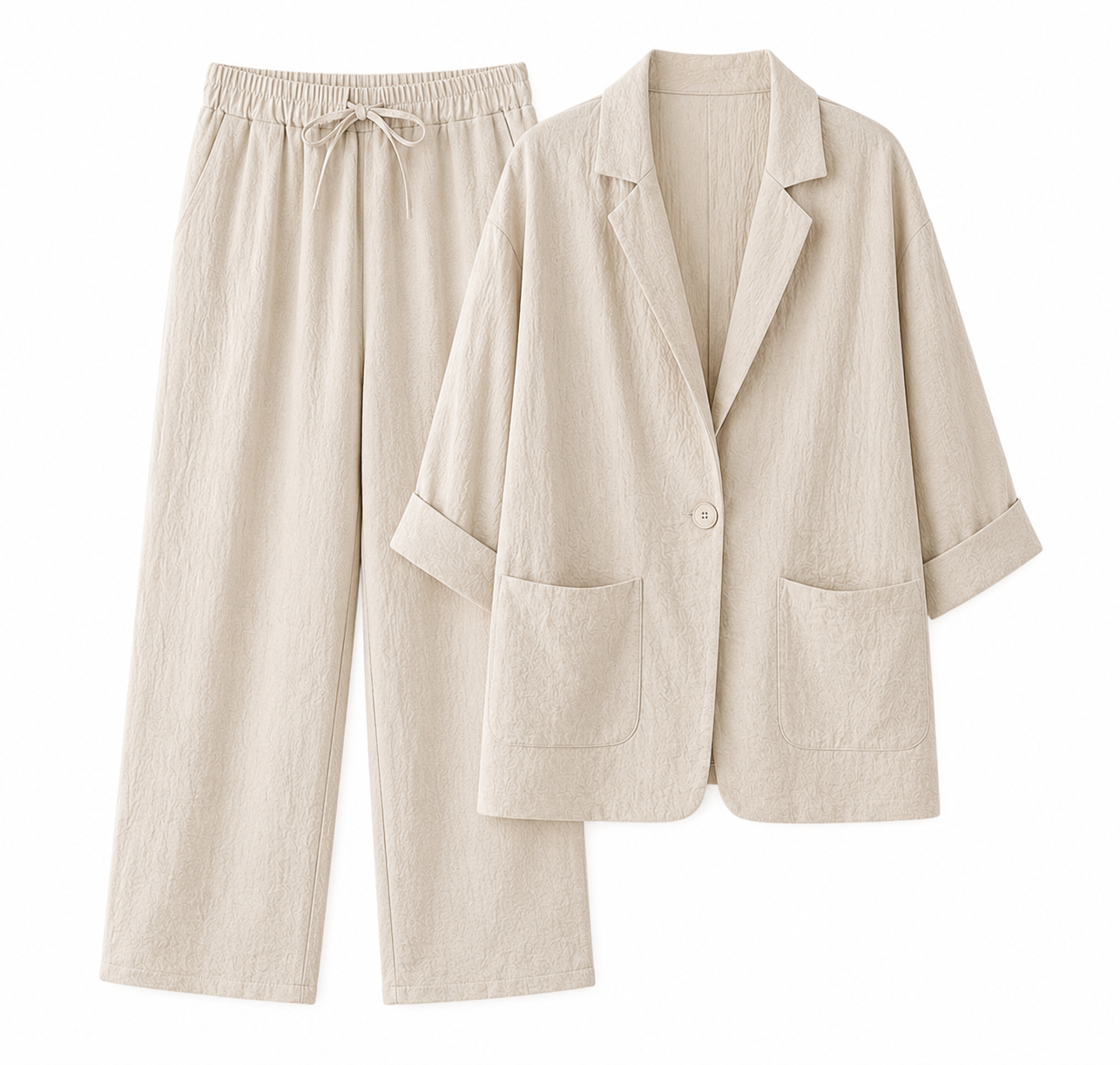 Women's Two-Piece Blazer & Pants Set – Relaxed Fit Drawstring Trousers