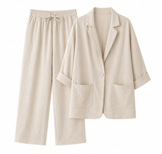 Women's Two-Piece Blazer & Pants Set – Relaxed Fit Drawstring Trousers