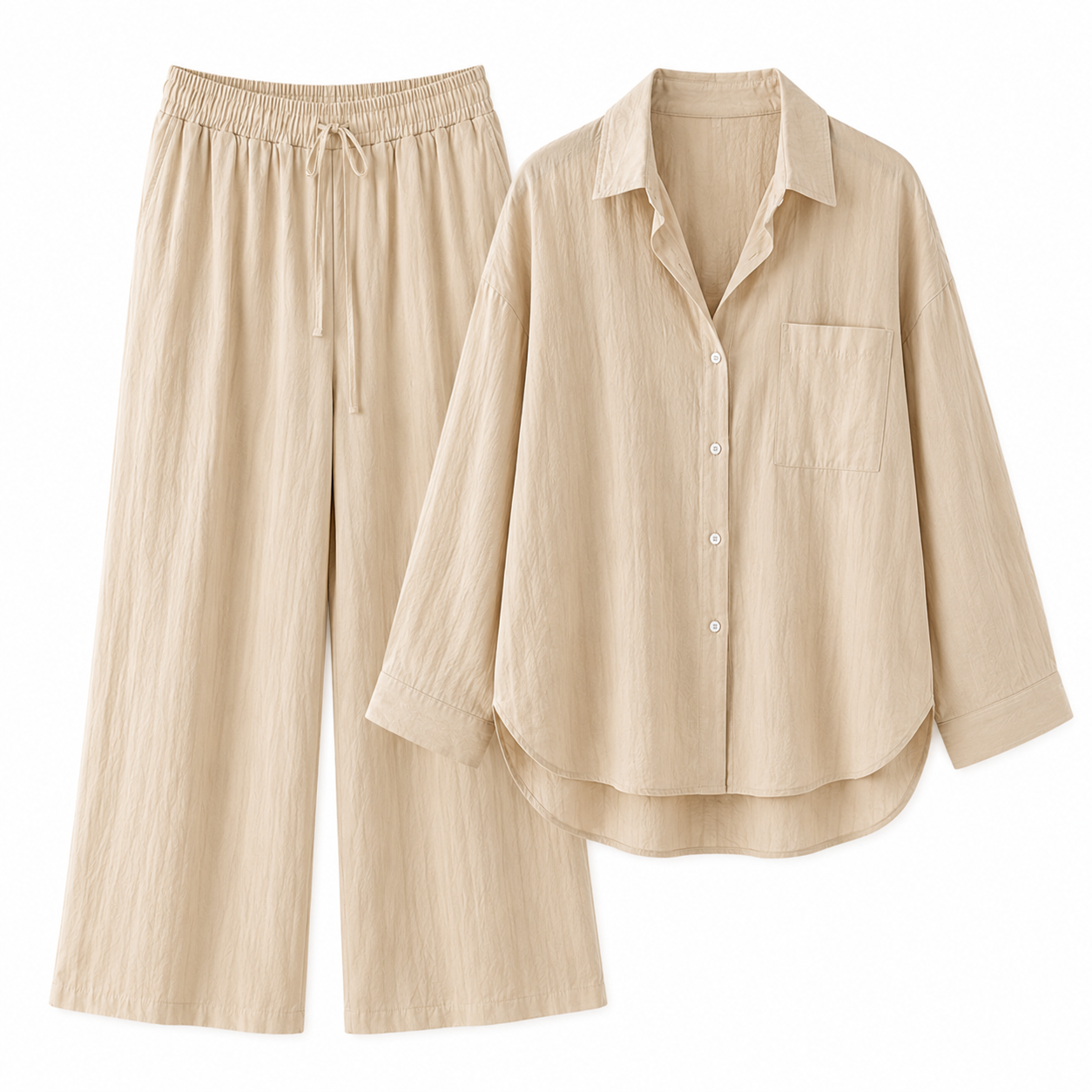 Women's Two-Piece Shirt & Wide-Leg Pants Set – Relaxed Fit Drawstring Trousers