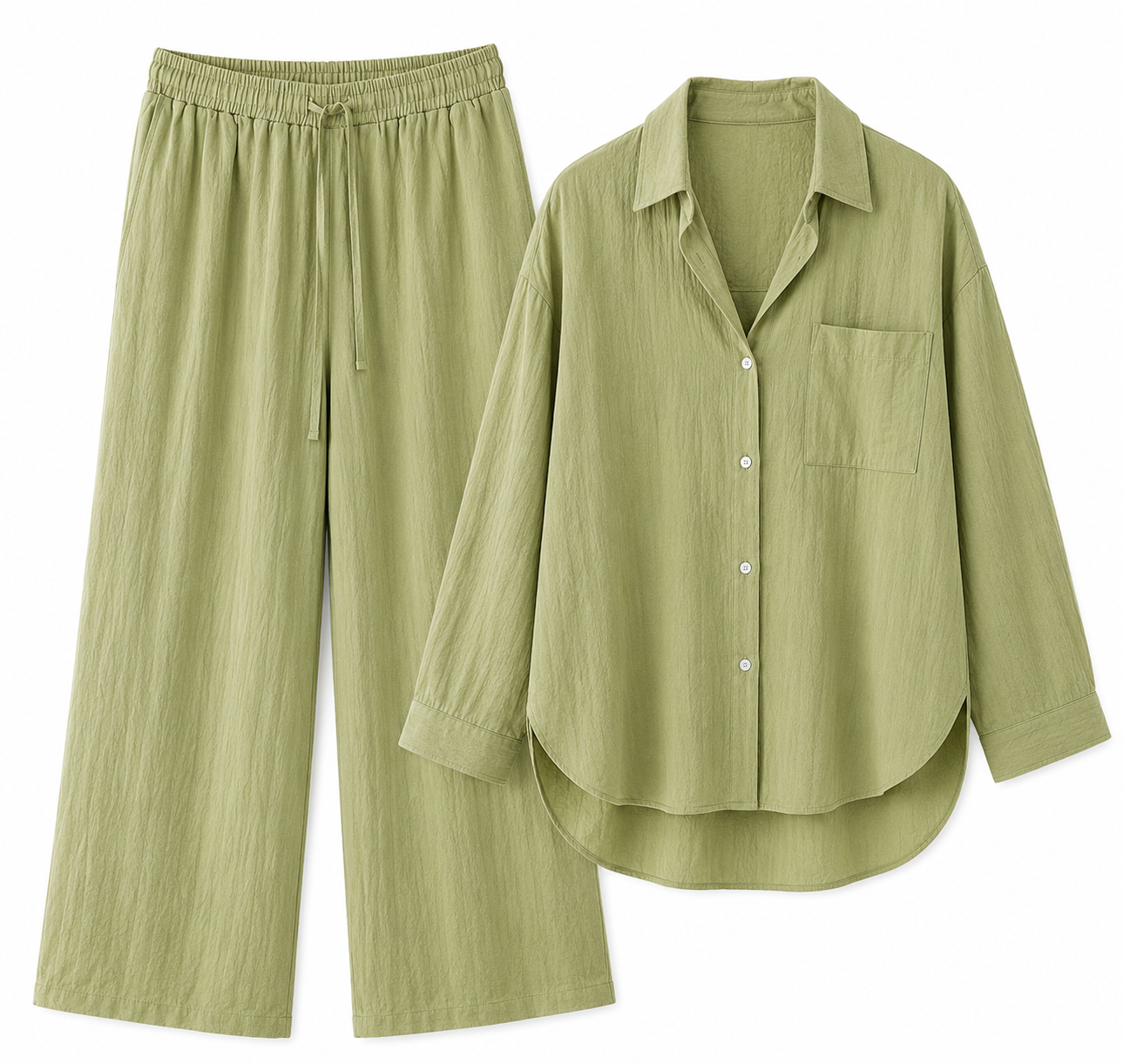 Women's Two-Piece Shirt & Wide-Leg Pants Set – Relaxed Fit Drawstring Trousers