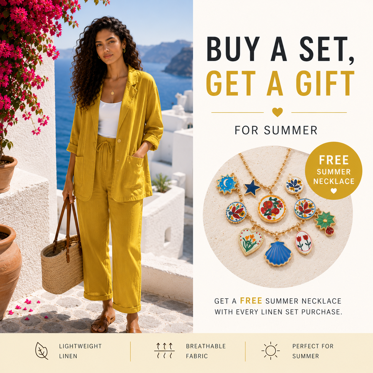 Santorini Linen Set + Free Summer Necklace