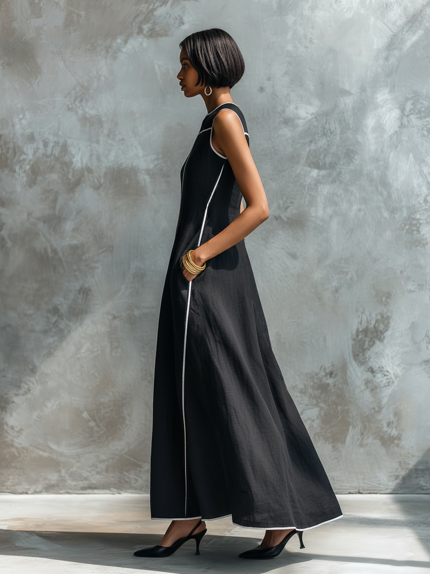 Women's Minimalist Linen-Blend Maxi Dress With Contrast Trim, Round Neck, And Sleeveless Design