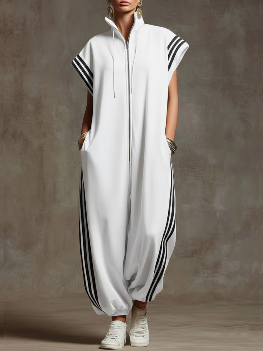 Women's Relaxed Stand-collar Short-sleeved Casual Loose Cotton Wide-leg Jumpsuit