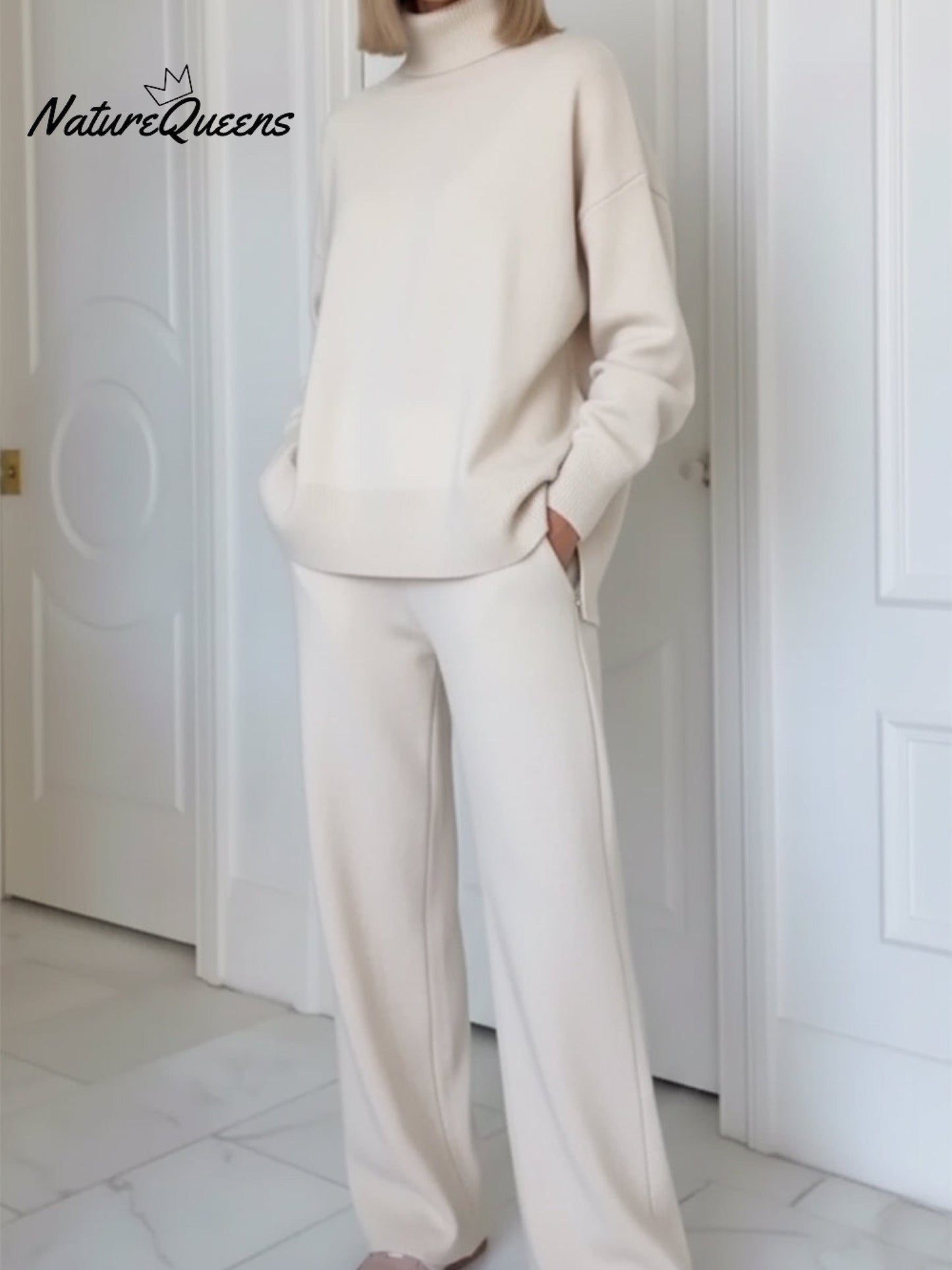 Casual Travel Stand Collar Side Zipper Top Straight Pants Two-Piece Set