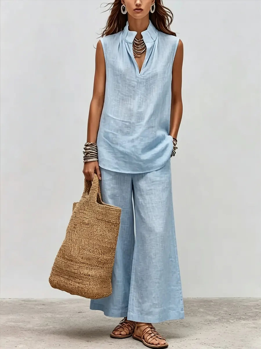 Relaxed-fit Cotton-linen Sleeveless Top And Wide-leg Pants Two-piece Set