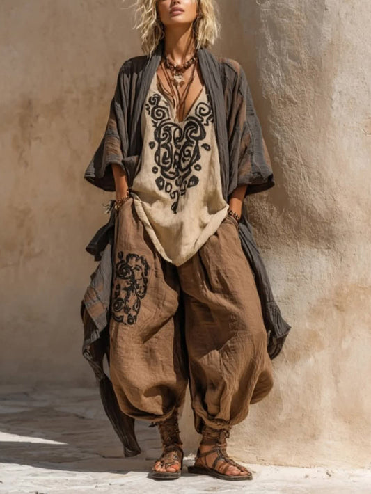 Boho Casual Loose Linen Cotton Three-piece Set