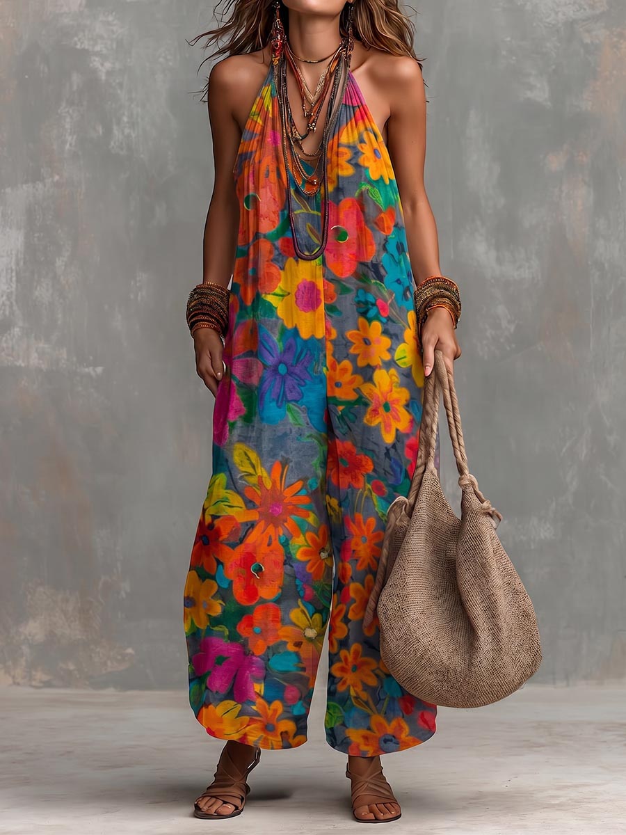 Women's Abstract Print V-neck Sleeveless Casual Loose-fit Cotton-linen Wide-leg Jumpsuit