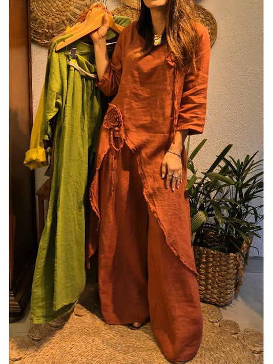 Casual Loose-fit Linen & Cotton Two-piece Set: Long Top With 3d Floral Accents And Trousers