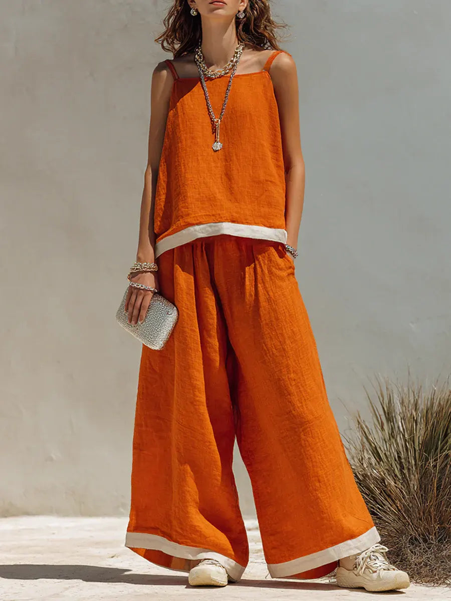 Women's Vacation Style Orange And White Color-block Linen Two-piece Set
